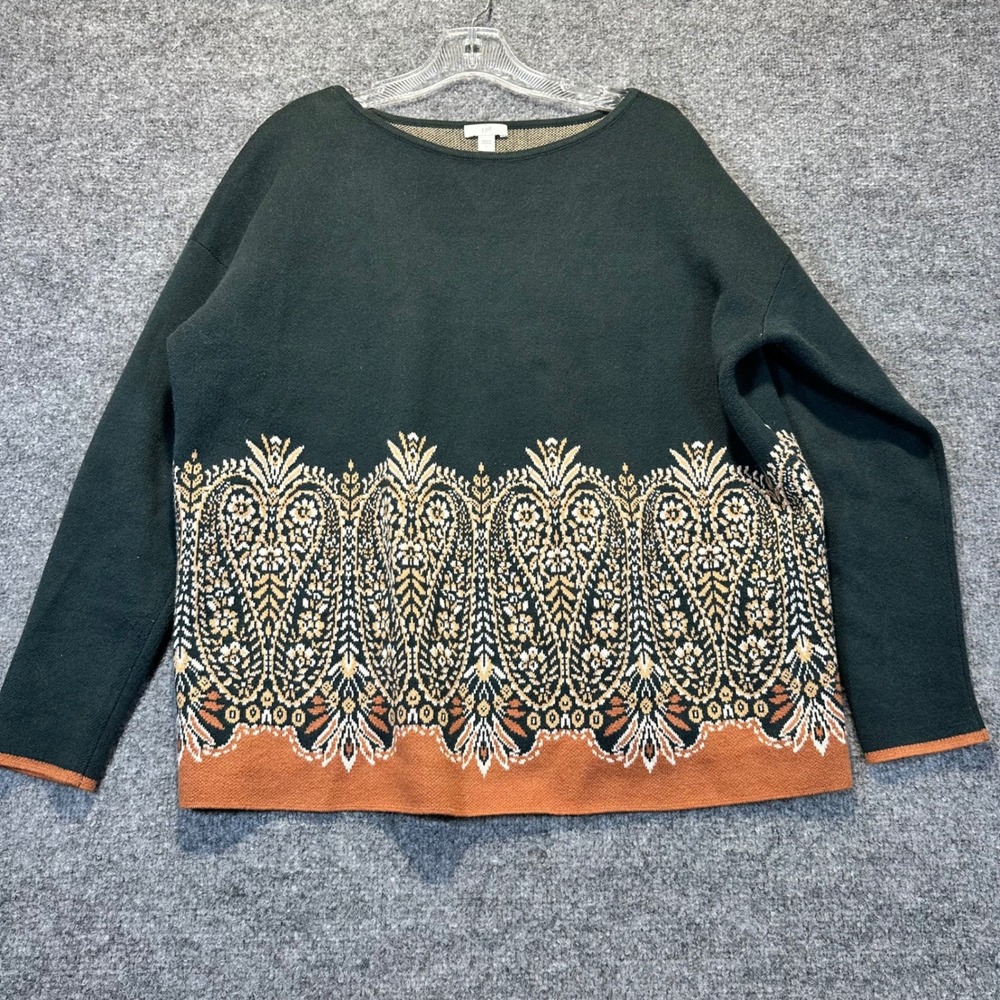 J. Jill Sweater Women Large Green Paisley Jacquard Boat Neck Boho Fall Knit